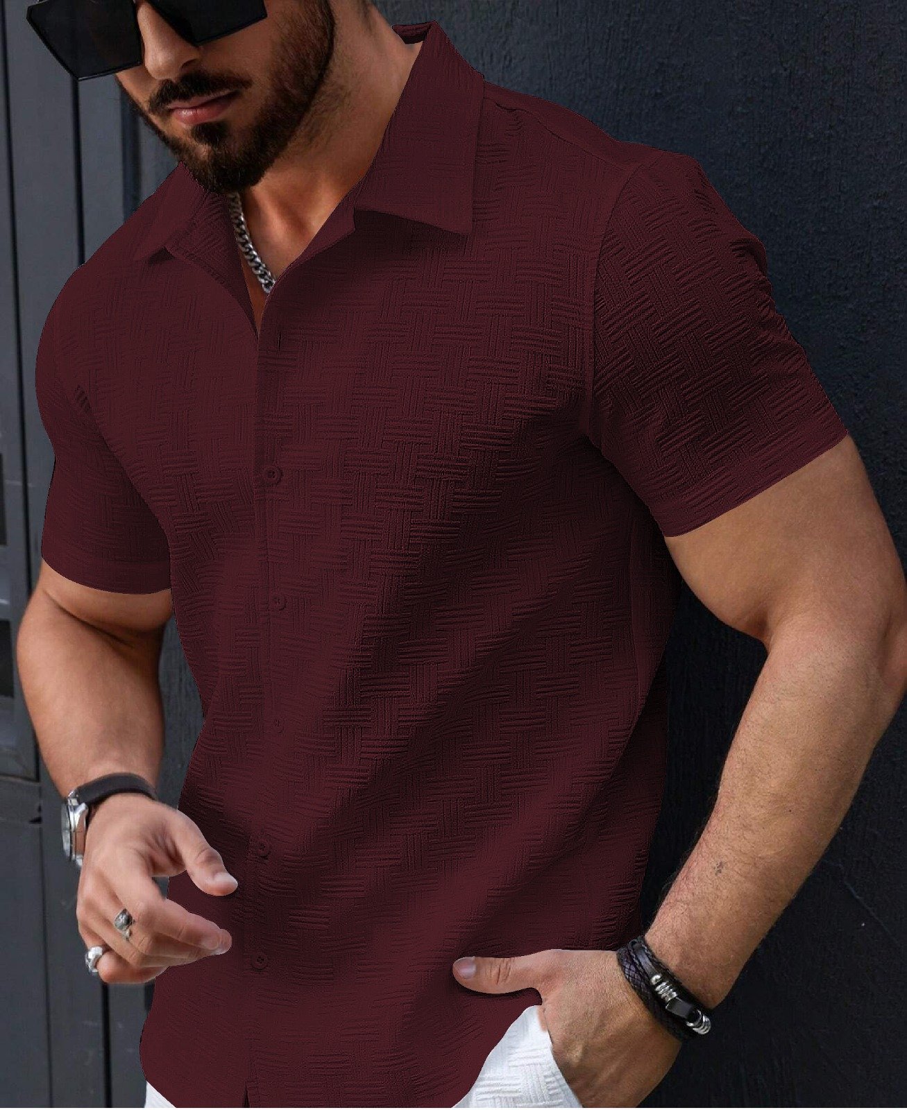 1-23.jpg Men’s Stylish Casual Textured Red Shirt - Image 1