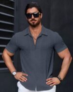 Men’s Stylish Casual Textured Gray Shirt - Image 2