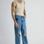 Mid Blue Torn Detail Casual Straight-Fit Denim Jeans