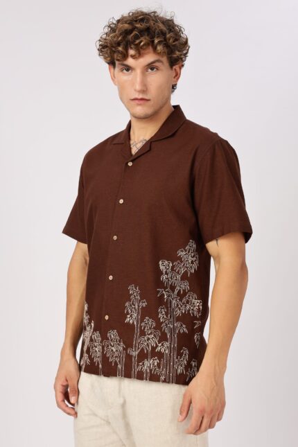 Cocoa Bamboo Embroidered Tropical Resort Wear Shirt