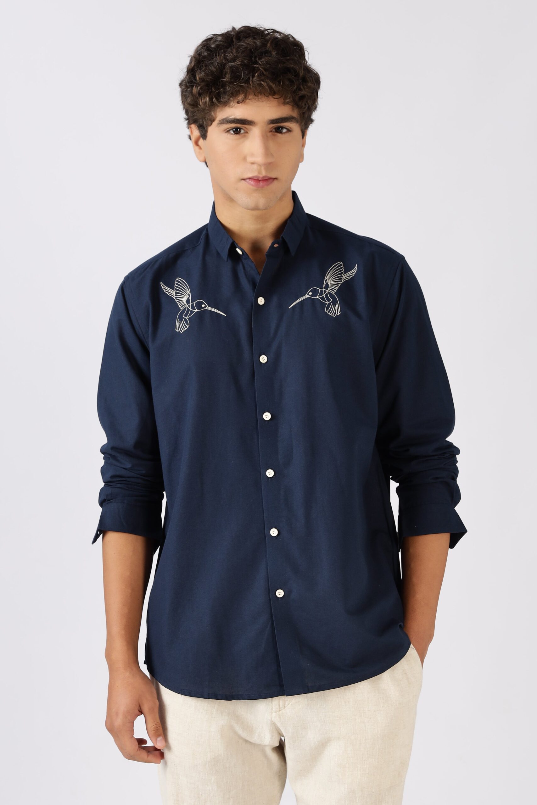 1L9A9660_87aa55e7-027b-44fd-98c6-c82e69a6176e-scaled-1.jpg Hummingbird Navy Cotton Regular Fit Artistic Embroidered Shirt - Image 1