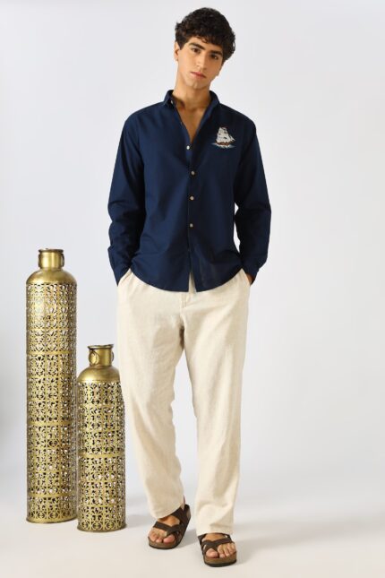 Ocean Voyage Blue Travel-Inspired Embroidered Shirt