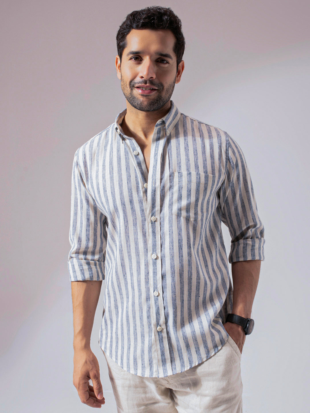 1_3_1ffd57ee-e9b0-429f-a41e-fa6865cc7691.jpg Ocean Blue Striped Linen Cotton Relaxed Fit Casual Shirt for Men - Image 1