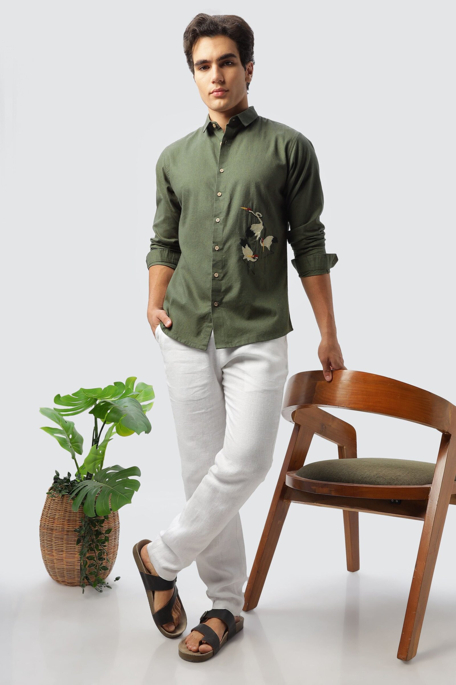 1_462d1139-9e17-46fe-993d-1aad2777b5fc-scaled-1.jpg Green Crane Inspired Embroidered Cultural Shirt - Image 1