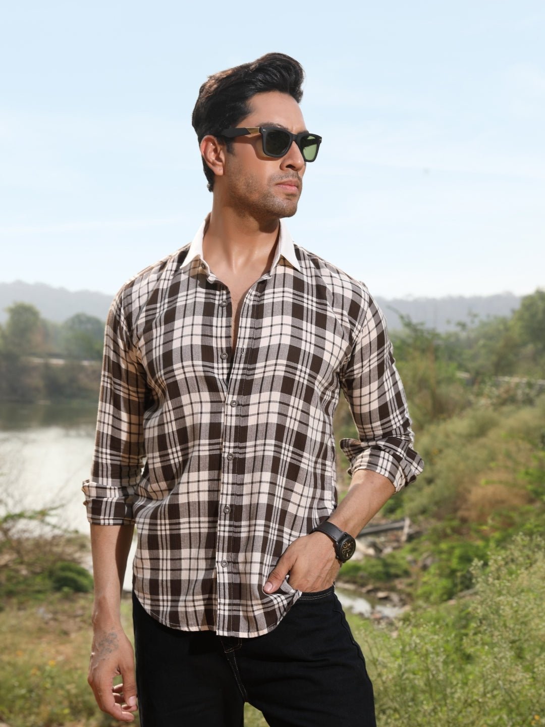 211_381fd1ba-64d6-4657-ad6b-d249d4bc8f34.jpg Brown Checkered Cotton Shirt with Premium Contrast Collar - Image 1