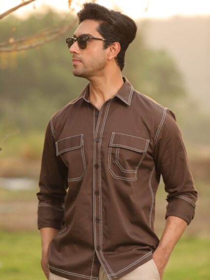 Brown Contrast Stitch Designer Casual Shirt