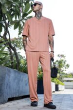 Unisex Brown Textured Oversized V-Neck Tee & Trackpant Co-ord Set - Image 2