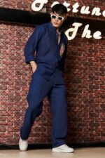 Navy Blue Linen Blend Casual Relaxed Fit Mandarin Collar Shirt & All Day Pants Co-Ord Set