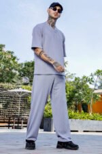Unisex Grey Textured Oversized V-Neck Tee & Trackpant Co-ord Set - Image 2