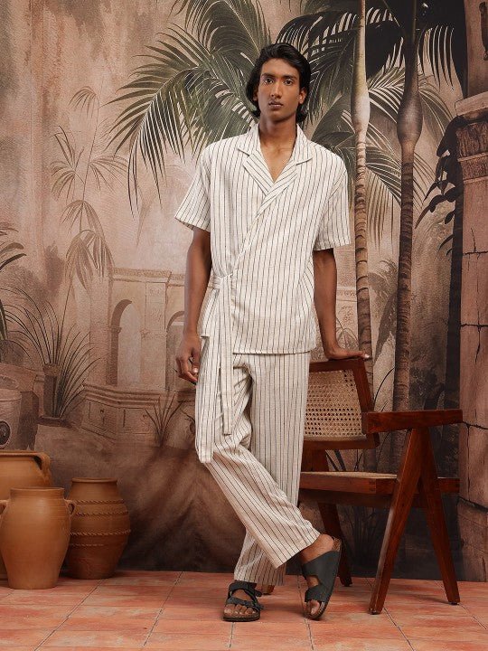 877821a4-2f77-416f-a5a4-01afc27e48241745487343679-Sangria-Men-Kurta-Sets-3451745487342086-1.jpg Wrap Tie-Up Shirt Striped Pure Cotton Co-Ords - Image 1