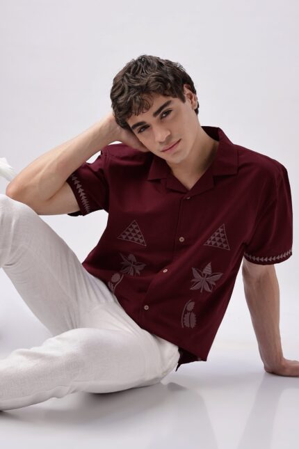 Temple Trail Maroon Cultural Motif Embroidered Shirt