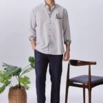 Moonlit Cabin Grey Cotton Regular Fit Embroidered Shirt