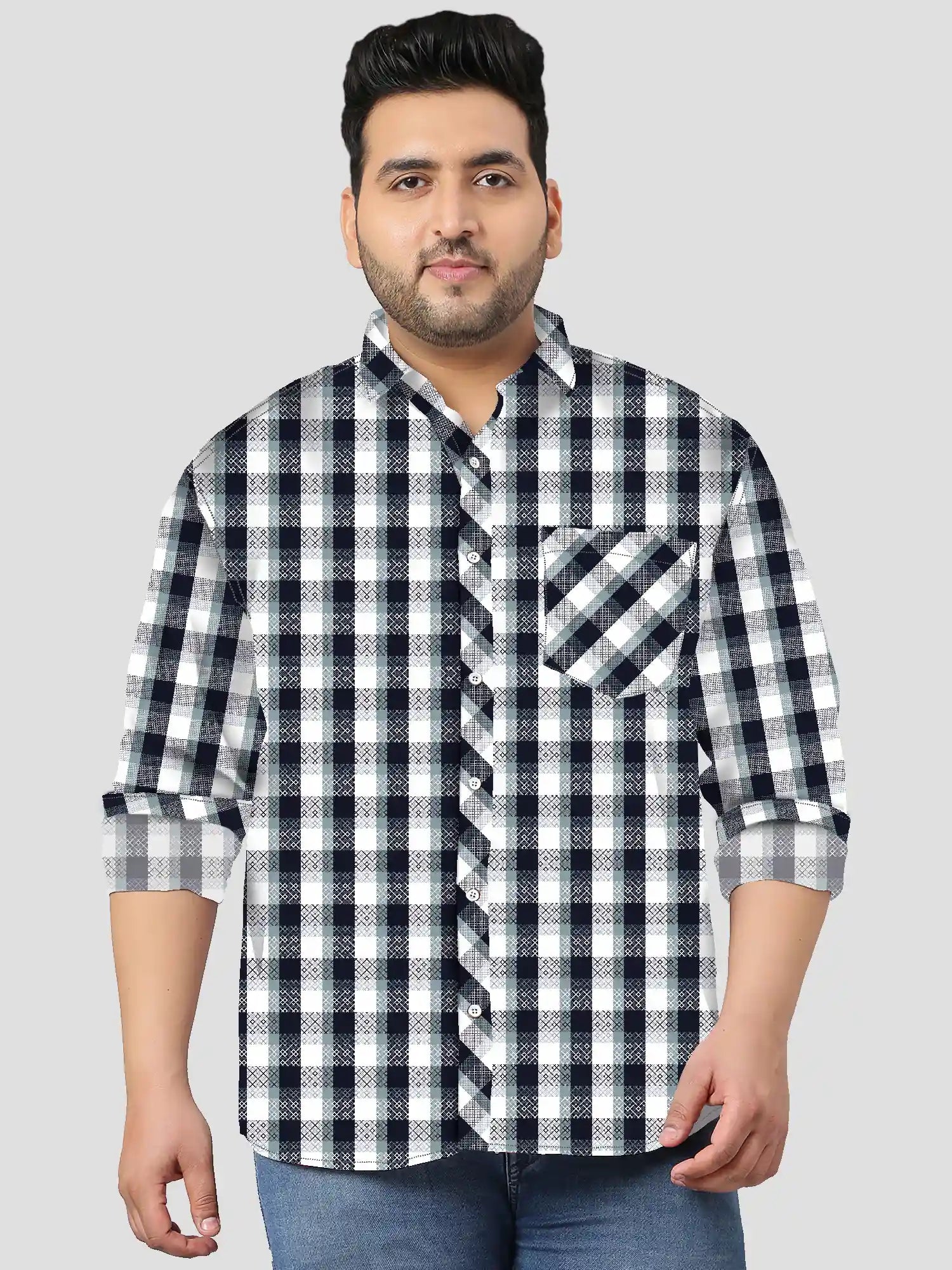 BlackandBlueChecks-Fcopy.jpg Black and Blue Check Pattern Men Plus Size Cotton Shirt - Image 1