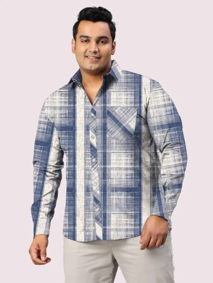 Blue and Beige Striped Men Plus Size Full Sleeve Shirt