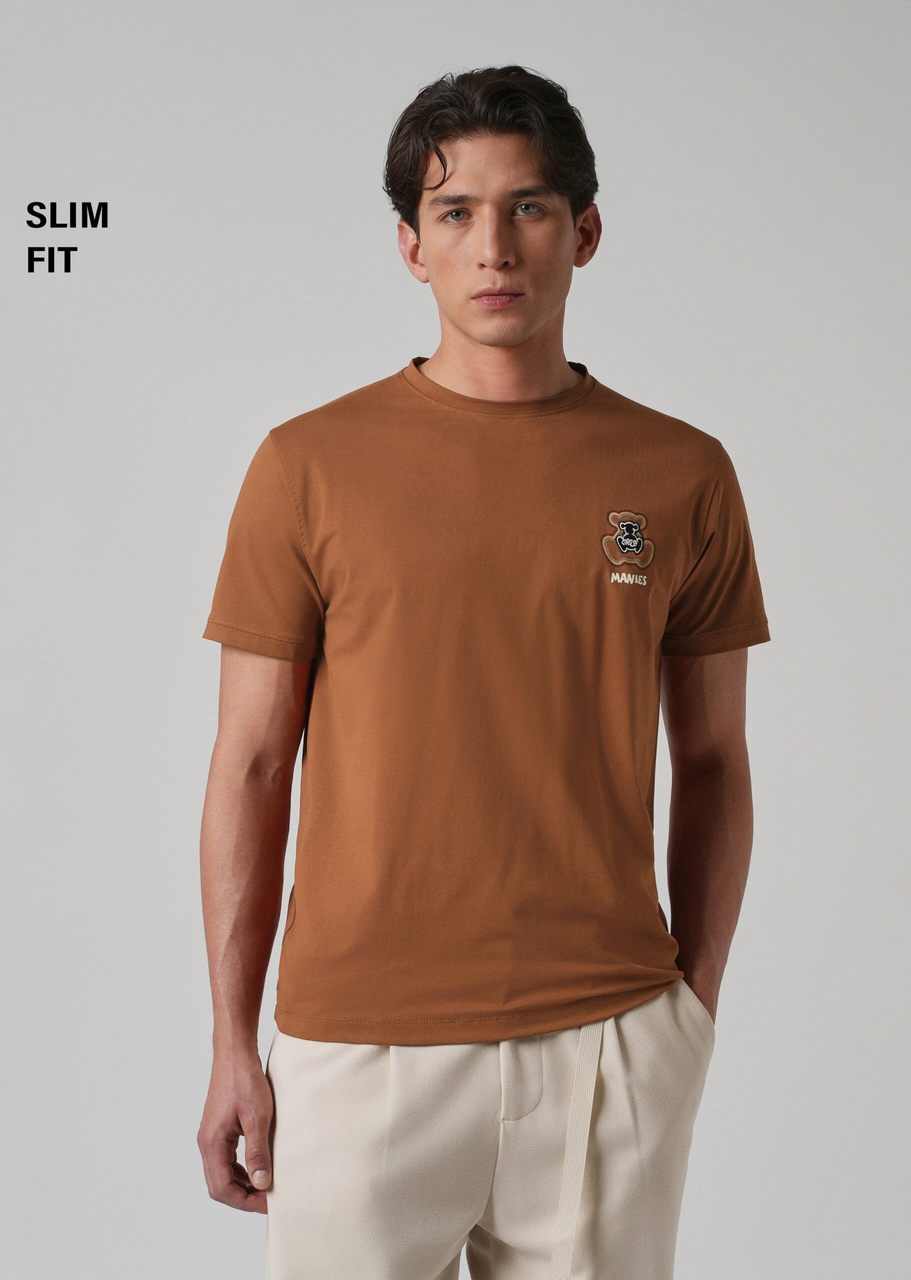 Brown_Printed_Slim_Fit_T-shirt_5-scaled-1.jpg Brown Embossed Print Slim Fit Cotton T Shirt - Image 1