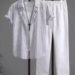 Brown Lining On White Mens Full Set Trouser And Shirt Half Sleeves