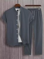 Plain Grey Mens Full Set Trouser And Shirt Half Sleeves