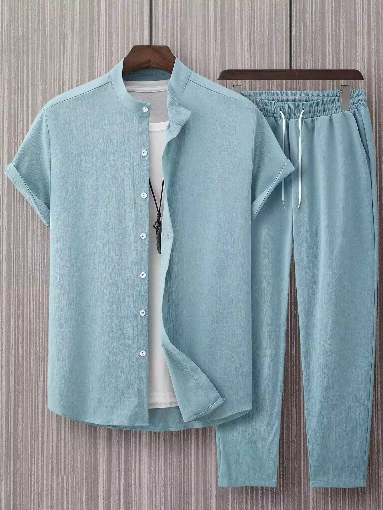 CLASSY_PLAIN_MINT_BLUE_1.jpg Plain Mint Blue Mens Full Set Trouser And Shirt Half Sleeves - Image 1