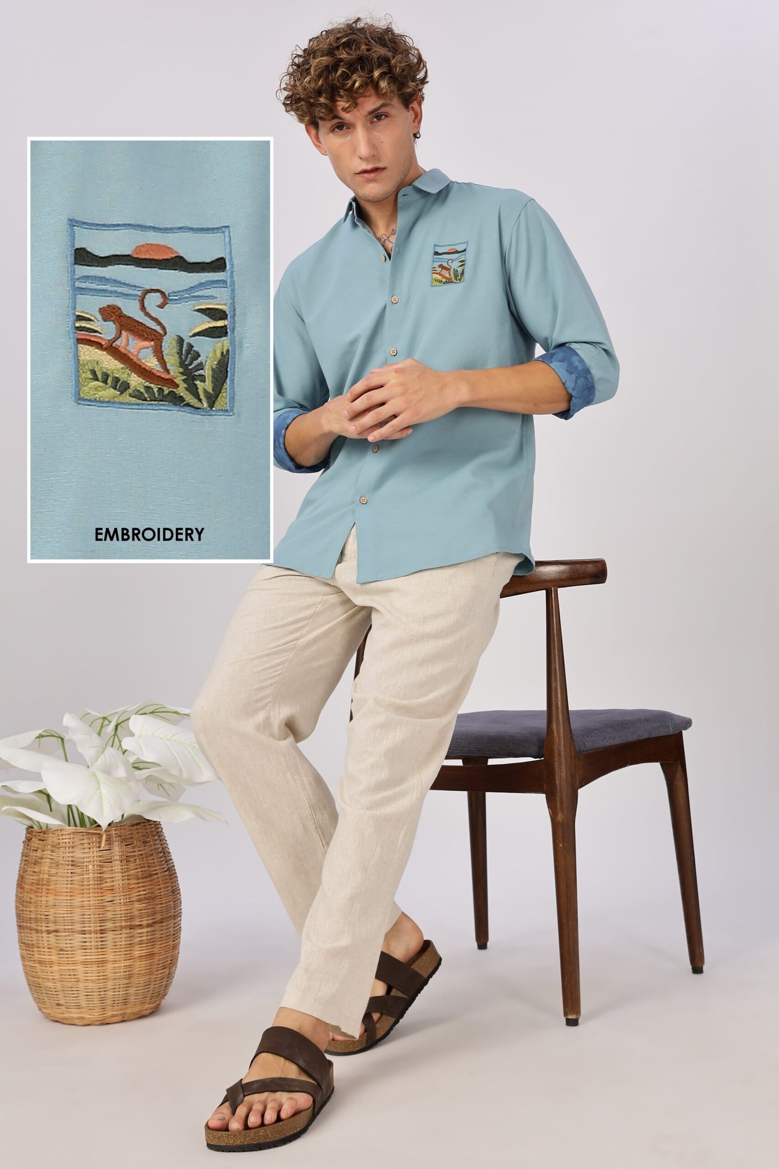 CSP0229-0-scaled-1.jpg Wildscape Monkey Vista Sky Blue Embroidered Cotton Shirt - Image 1