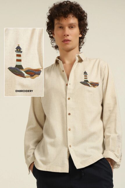 Lighthouse Inspired Embroidered Coastal Style Cotton Shirt