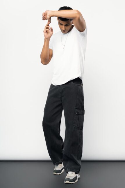 Stonewashed Black Baggy Straight Cargo Jeans for Men
