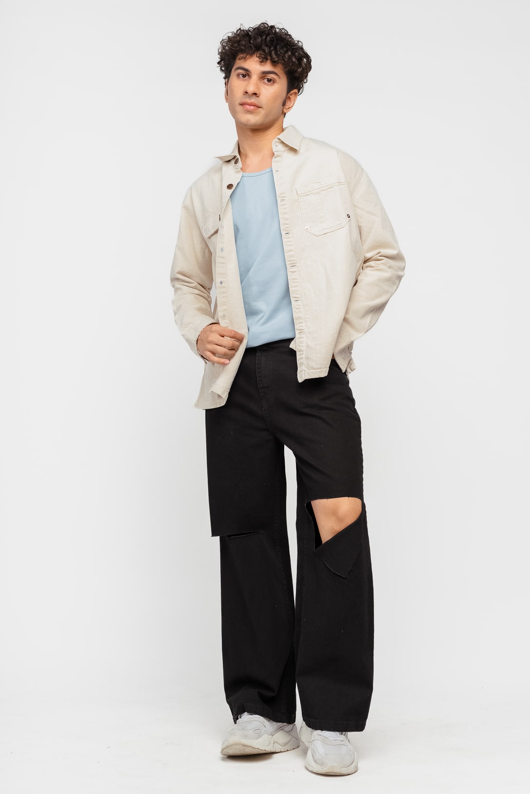 FreakinsMenswear-04483-min.jpg Black Box Slit Statement Street Style Wide-Fit Denim Jeans - Image 1