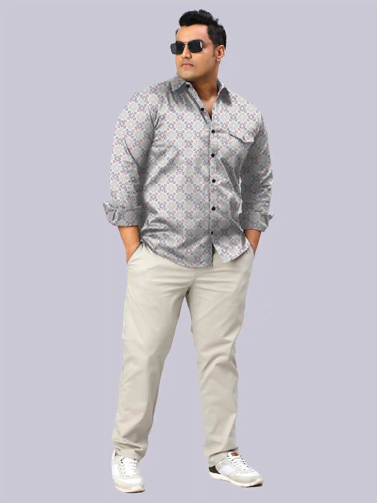 GFCDPF-4014-GreyWhiteFloral-Full.jpg Grey and White Floral Check Men Plus Size Full Sleeve Shirt - Image 1