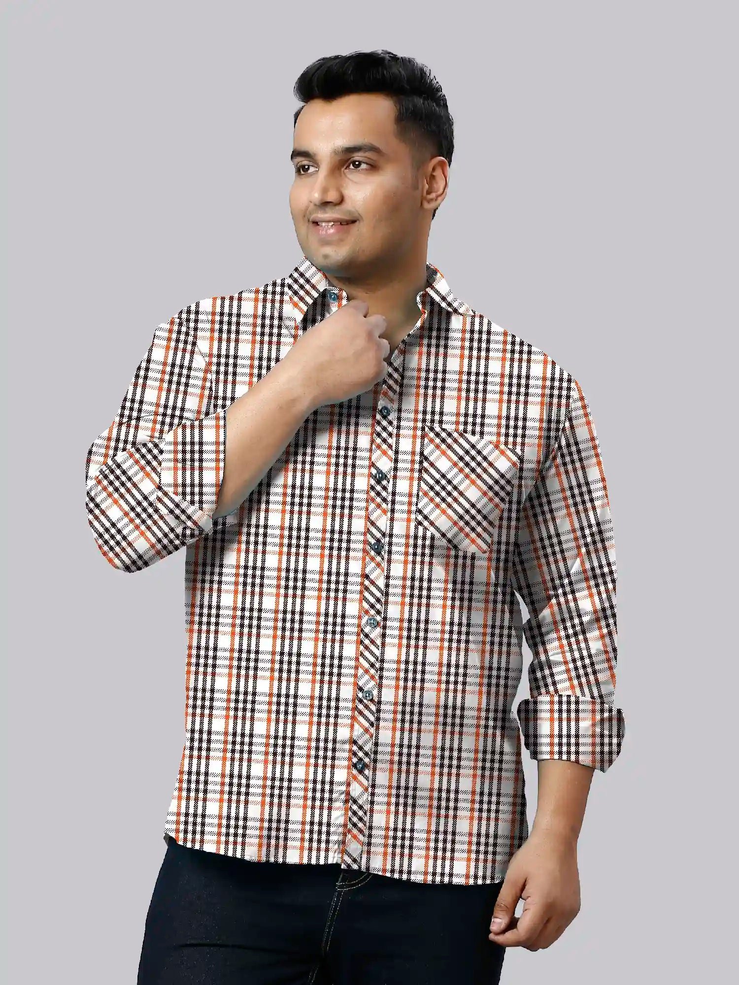 GFCDPF-4018-OrangeandBlackChecks-F.jpg Orange and Black Bold Check Men Plus Size Cotton Shirt - Image 1