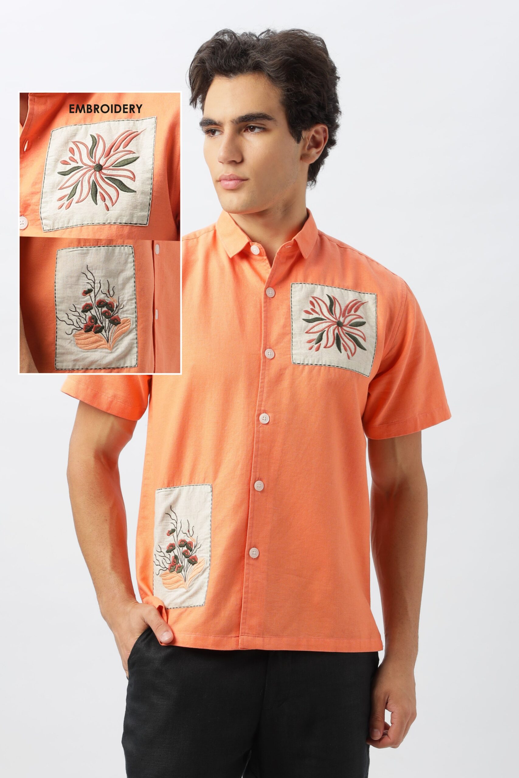 H-JCSP0103-scaled-1.jpg Coral Patchwork Embroidered Men?s Box Fit Shirt - Image 1