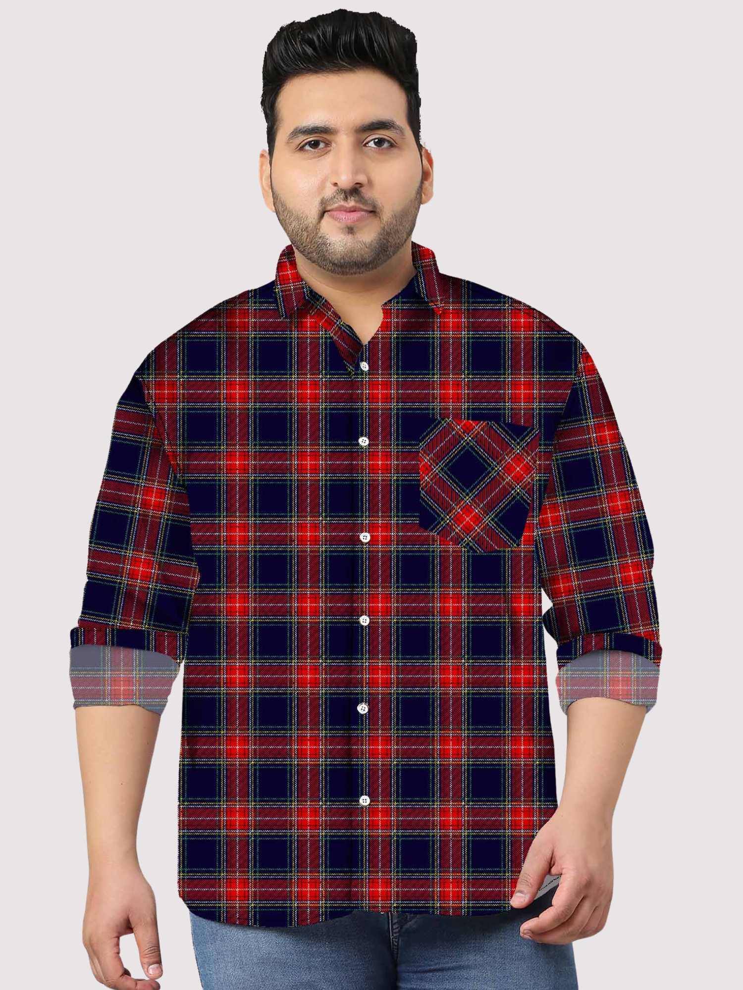 Tartan_plaid_Checkered_Digital_Printed_Men_s_Plus_Size.jpg Tartan Plaid Check Pattern Men Plus Size Cotton Shirt - Image 1