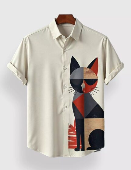 White Multicat Designer Men’s Half Sleeves Printed Shirt Exclusive