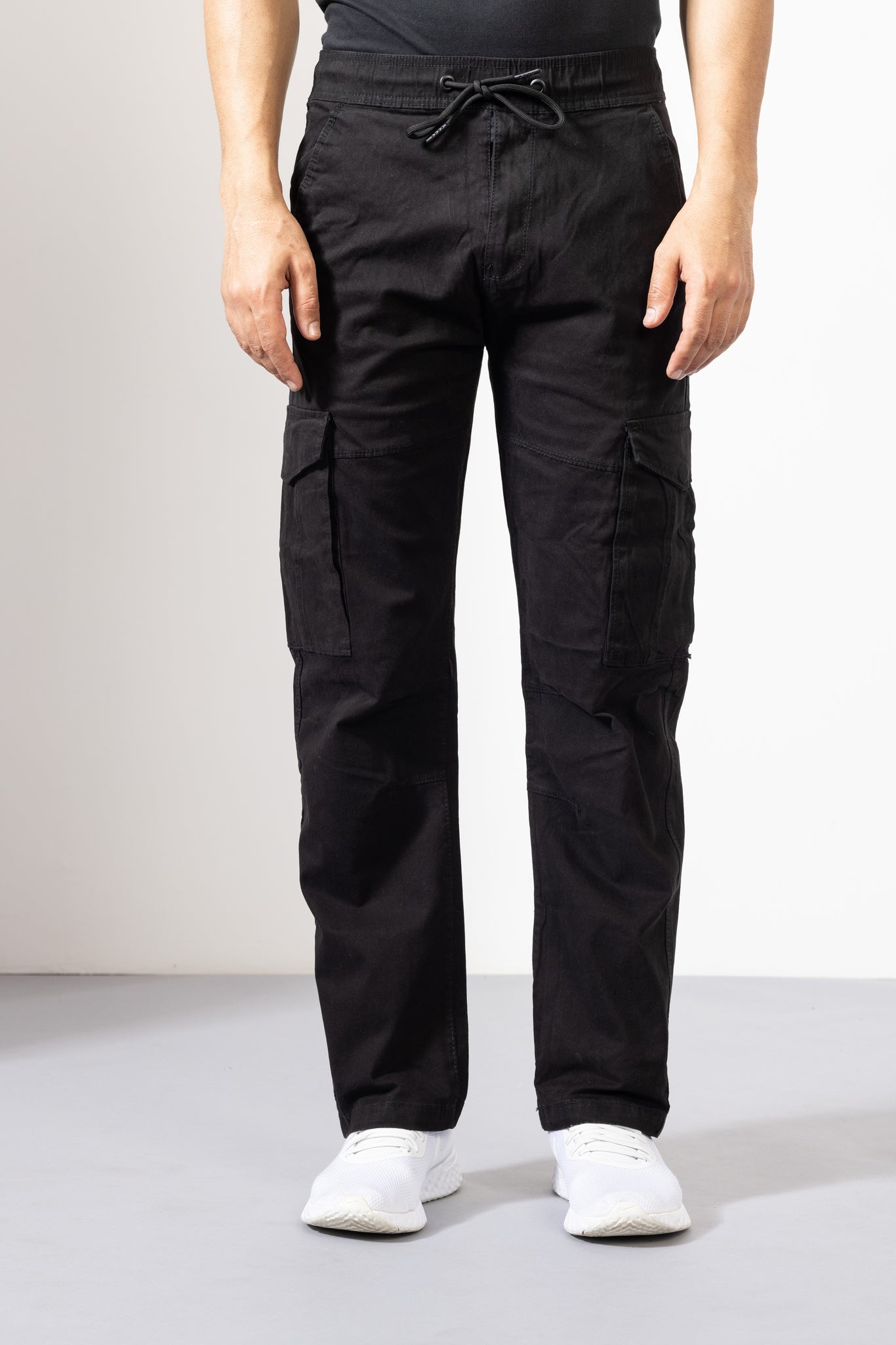 ZHP_0363_1.jpg Black Cotton Cargo Pants with Multiple Utility Pockets - Image 1