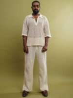 Off White Self Design Shirt Collar T-Shirt & Trouser Set