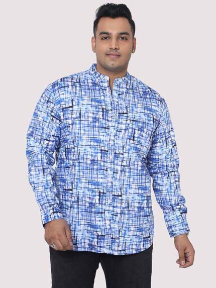 Blue Mosaic Mandarin Collar Men Plus Size Shirt