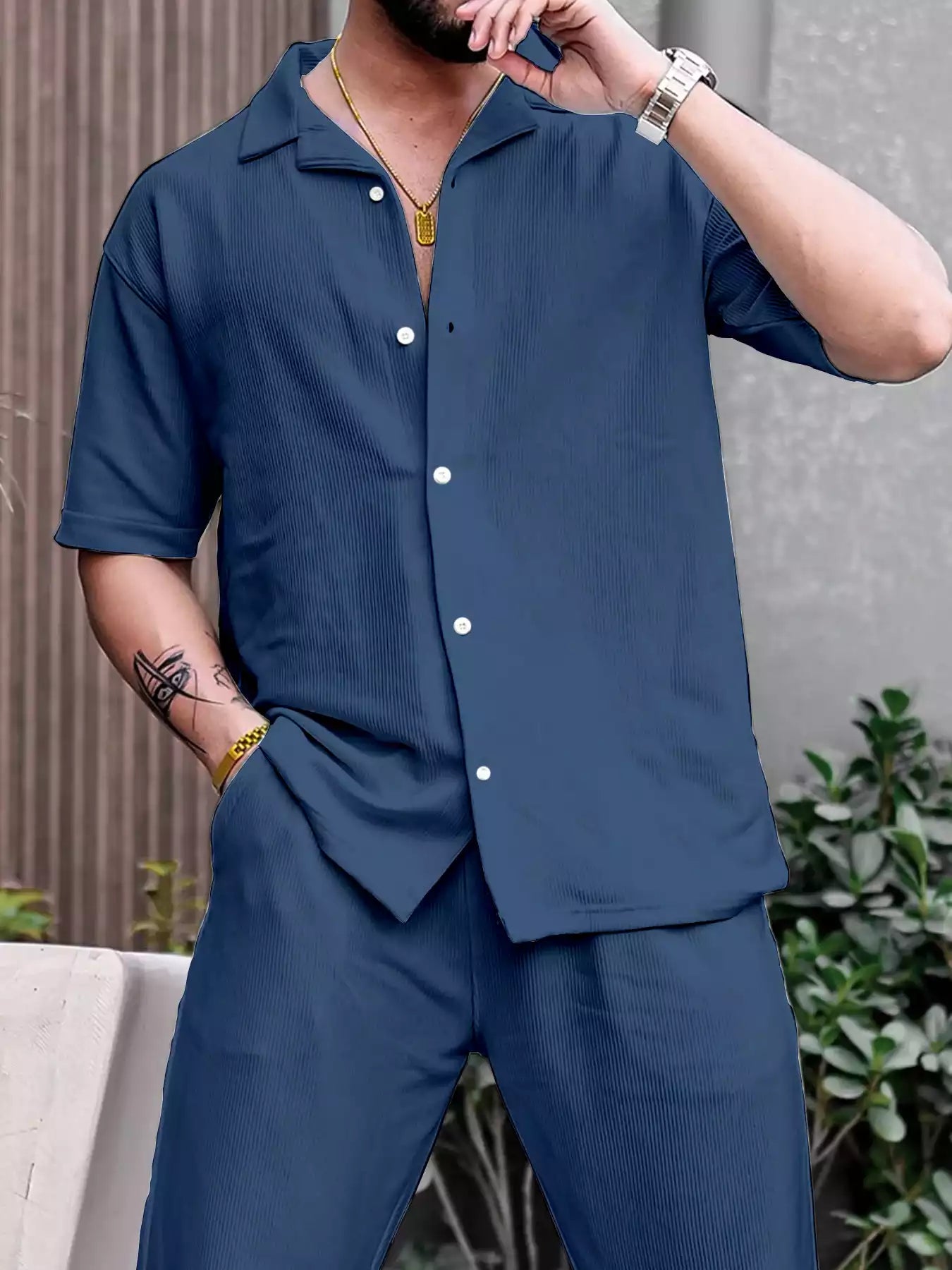 classy_plain_blue_1_a34a09e2-31df-4b86-a876-bc73fab6441f.jpg Blue Color Mens Full Set Trouser And Shirt Half Sleeves - Image 1