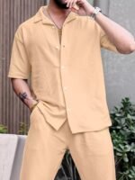 Cream Color Mens Full Set Trouser And Shirt Half Sleeves