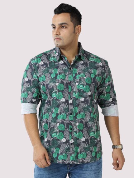 Green Jungle Print Cotton Men Plus Size Full Sleeve Shirt