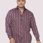 Maroon and Blue Striped Digital Print Men Plus Size Shirt