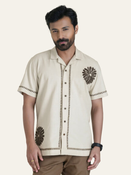 Beige Embroidered Linen Subtle Luxury Casual Shirt