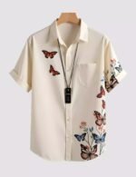 White Butterfly Printed Men’s Half Sleeves Poly Cotton Casual Wear Shirts